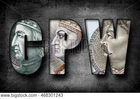 Inscription Gpw (abbreviation Related To Stock Exchange In Poland) Text Made Of Polish Banknotes