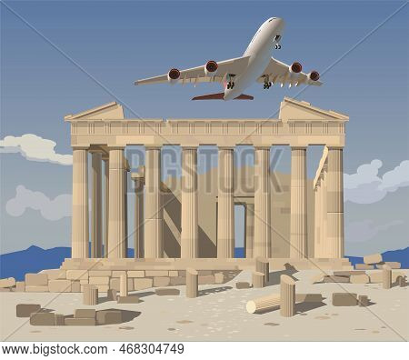 Passenger Plane Flies Over The Greek Acropolis, Ancient Greek Temple.