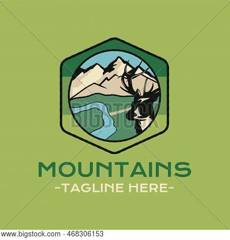 Mountain Adventure Badge Design With Mountains And Reindeer. Travel Logo Graphics. Stock Vector Camp