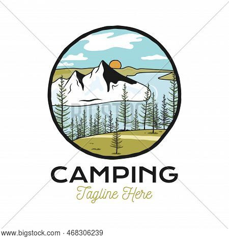Mountain Camping Adventure Badge Design With Mountains. Travel Logo Graphics. Stock Vector Hiking La