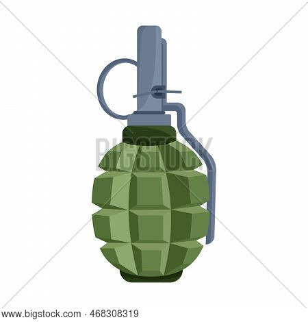 Vector Picture Of Ribbed Defensive Grenade Divided Into Fragments With Shrapnel In Flat Style. Army 