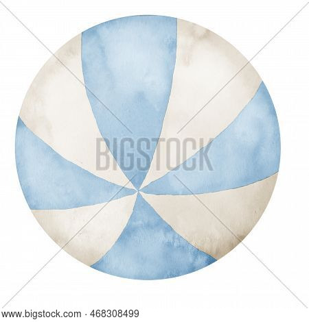 Watercolor Baby Toy Ball. Hand Drawn Illustration Of Beachball In Pastel Blue And Beige Colors On Is