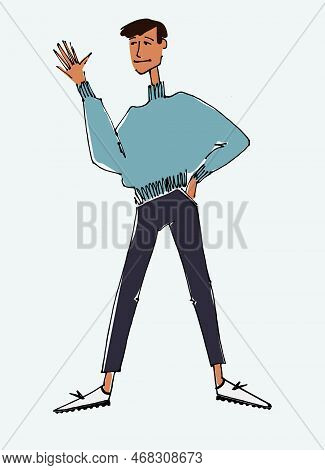 Figure Of A Young Man Waving. Flat Style, Isolated Vector Element