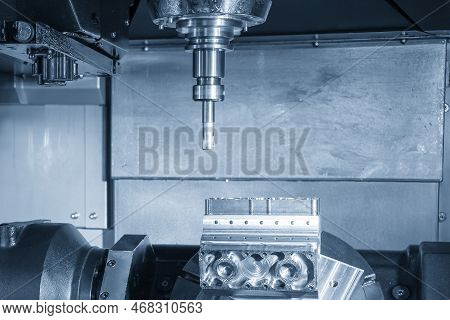 The 5-axis Machining Center Cutting The V8 Engine Cylinder Block With Indexable Tool. The Hi-precisi