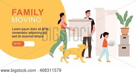 Family Moving Horizontal Banner With Parents Their Daughter And Dog Relocating To New House Flat Vec