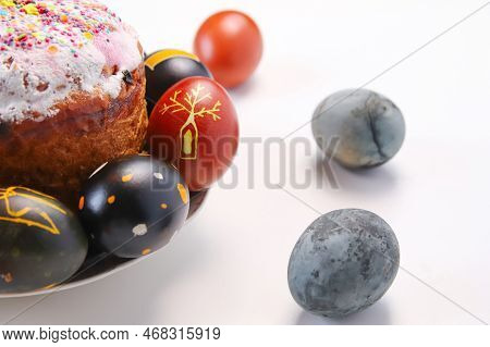Defocus Easter Black Egg With Tree Ornament. Easter Cake Craffin. Close Up Easter Eggs Pastel Colore