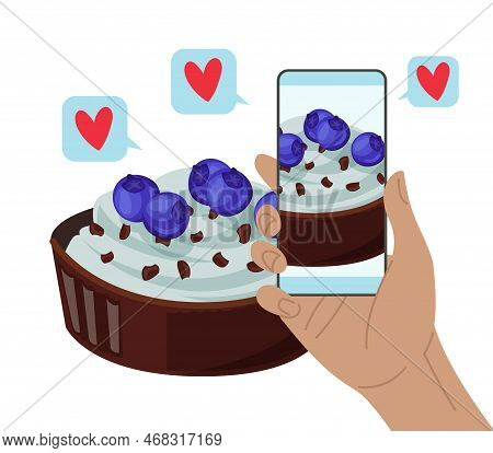 Hand Taking Photo Of Cake With Smartphone Vector Illustration. Cartoon Drawing Of Dessert With Cream