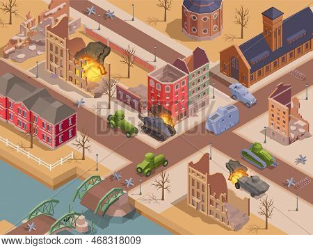 First World War Military Vehicles And Tank Battle In Ruined City Isometric Vector Illustration