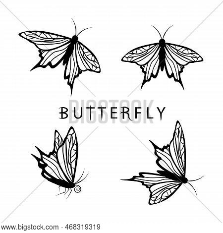 Set Of Butterfly Tattoos Vector Illustration. Black Outline Butterfly Silhouettes In Different Posit