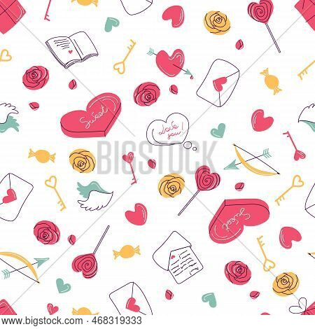 Seamless Pattern With Valentine's Day Doodles Vector Illustration. Cute Romantic Symbols. Pink And Y