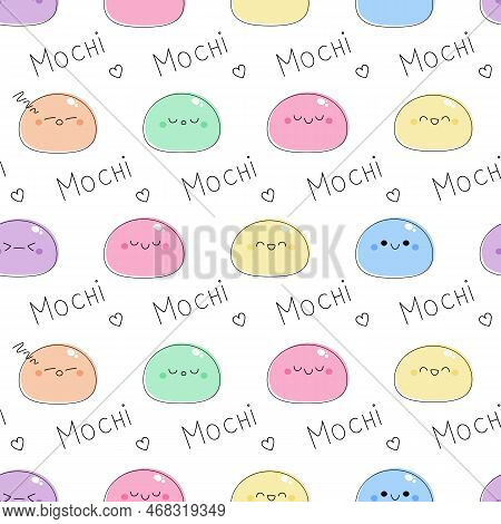 Seamless Pattern With Cute Mochi Characters Vector Illustration Isolated On White Background. Rice C