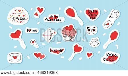 Doodle Stickers For Valentines Day Vector Illustration. Cute Red Hearts, Balloons And Congratulatory