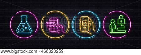 Education, Parking App And Chemistry Lab Minimal Line Icons. Neon Laser 3d Lights. Lock Icons. For W