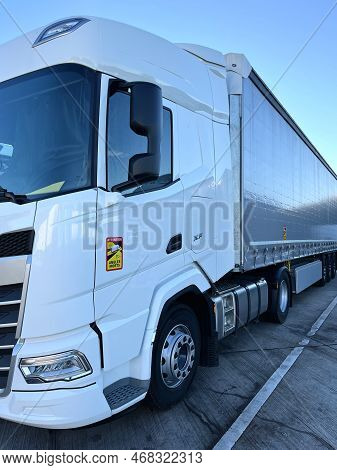 Poznan, Poland 01.03.2023: New Daf Xf Truck With Schmitz Curtain Trailer