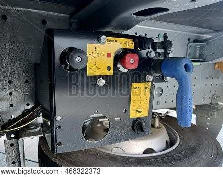 Poznan, Poland - 01.03.2023: Crane For Adjusting The Height Of The Floor Level And Parking Brake Of 