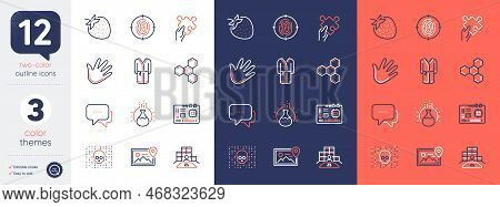 Set Of Hand, Puzzle And Chemistry Experiment Line Icons. Include Motherboard, Cyber Attack, Strawber