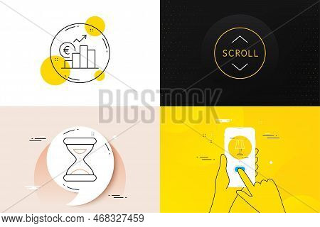 Minimal Set Of Scroll Down, Table Lamp And Euro Rate Line Icons. Phone Screen, Quote Banners. Time I