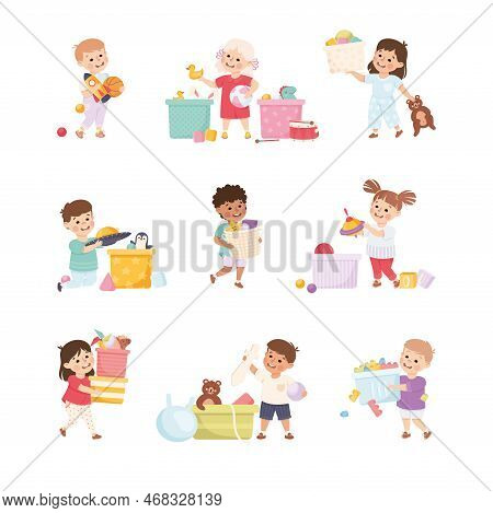 Happy Children Playing Toys In Playroom Having Fun Vector Set