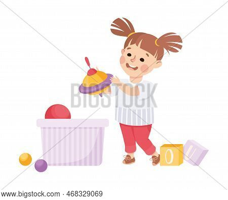 Happy Girl With Pegtop Playing Toys In Her Playroom Having Fun Vector Illustration