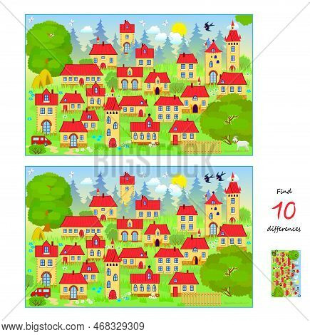 Find 10 Differences. Illustration Of Village Landscape. Logic Puzzle Game For Children And Adults. P