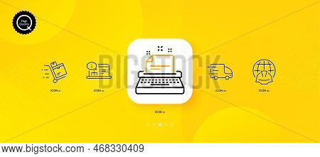 Typewriter, Truck Delivery And Global Engineering Minimal Line Icons. Yellow Abstract Background. In