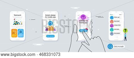 Set Of Shipping Support, Fingerprint And Safe Time Line Icons. Phone Ui Interface. Include Teamwork,
