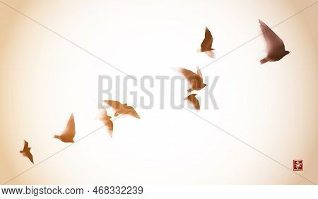 Ink Painting Of Flying Birds In Vintage Style. Traditional Oriental Ink Painting Sumi-e, U-sin, Go-h
