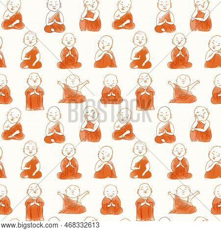 Seamless Pattern With Cute Cartoon Buddhist Monks. Can Be Used For Wallpaper, Pattern Fills, Textile