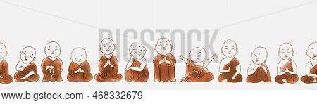 Seamless Pattern With Cute Cartoon Buddhist Monks. Can Be Used For Wallpaper, Pattern Fills, Textile