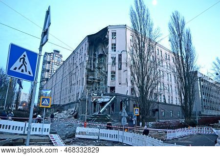 Kiev,ukraine- Dec 30,2022: Destroyed Residential Hotel Building After Missile Attack On December 31,