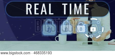 Sign Displaying Real Time. Conceptual Photo The Actual Time During Which A Processes Or Events Occur