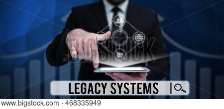 Hand Writing Sign Legacy Systems. Word Written On Old Method Technology Computer System Or Applicati