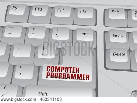Computer Keyboard With Computer Programmer Text. Close-up Of An Electronic Computer Device Part, Key