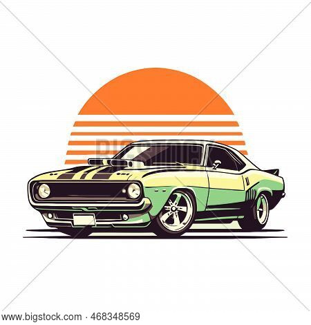 Classic Custom Muscle Car Racing In Retro Style  Vector Illustration, For Log Icon Badge