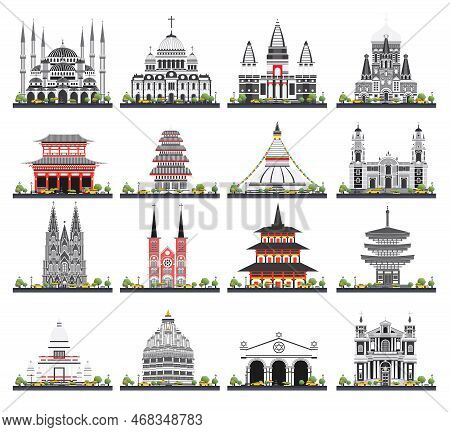 Religious Buildings Set Isolated On White Background. Vector Illustration. Mosque, Temple, Synagogue
