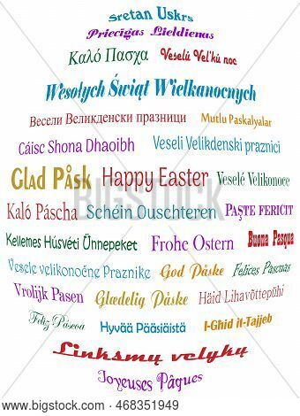 Happy Easter. Colored Greetings In Different European Languages. White Back.
Easter Egg Shape Greeti