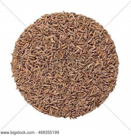Caraway Seeds, Circle, Close-up, Isolated, From Above. Disk Made Of Whole Dried Fruits Of Meridian F