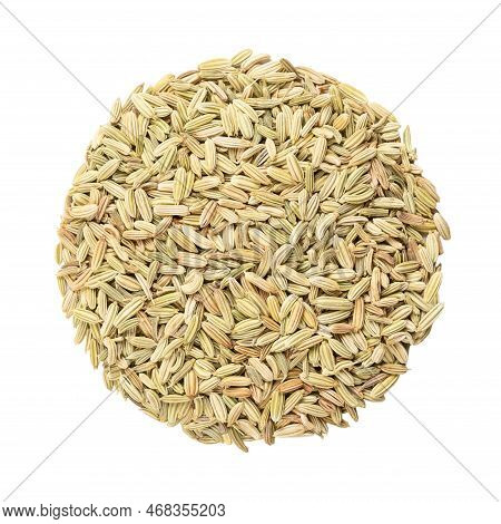 Fennel Seeds, Circle, Close-up, Isolated, From Above. Disk Made Of Whole Dried Fruits Of Foeniculum 