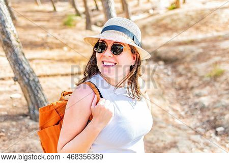 Hike Outdoor Active Girl Hiker Enjoying In Forest Walking On Trek Trail With Backpack For Summer Vac
