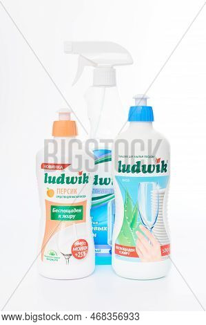Kaliningrad, Russia - 09.11.2021 - Ludwik Dishwashing Soap Bottles Isolated On White Background. Hyp