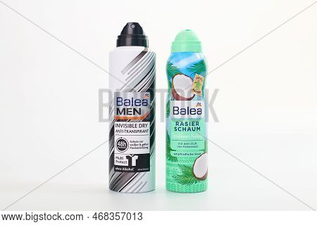Kaliningrad, Russia - 09.11.2021 - Balea Antiperspirant Spray And Balea Shaving Foam Isolated On Whi