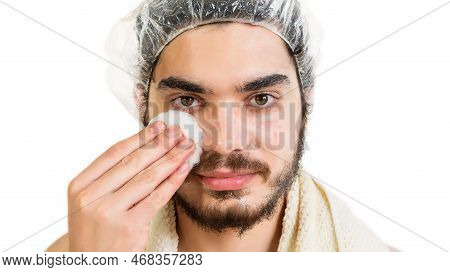Close Up Male Portrait, Using Dermatology Cosmetics, Cleaning Face Treatment.