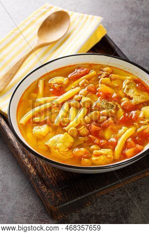 Rancho Canario Stew Canary Islands Traditional Food Closeup On The Board On The Table. Vertical