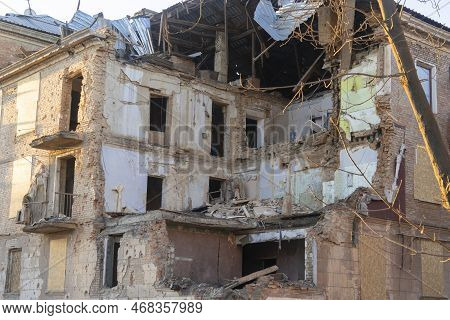 View Of A House Destroyed By Rocket Fire. Terror Of The Civilian Population. War Crimes