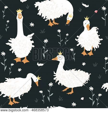 Cute Seamless Pattern With Sebastopol Goose In Crowns, Diamonds, And Chamomile Flowers. Royal Geese 