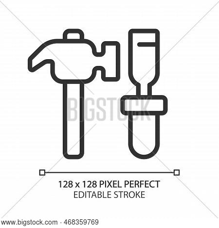 Hammer And Chisel Pixel Perfect Linear Icon. Manual Instruments For Miners. Ore Extraction. Coal Min