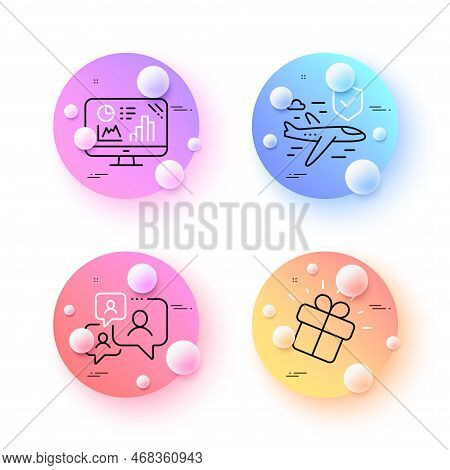 Flight Insurance, Analytics Graph And Gift Minimal Line Icons. 3d Spheres Or Balls Buttons. Support 