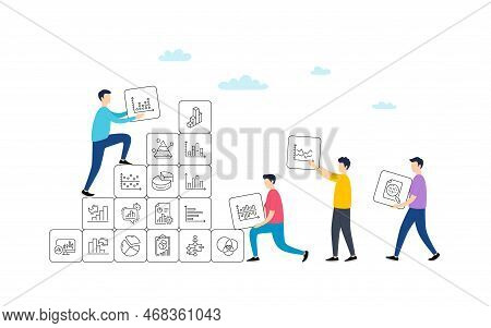 Charts And Diagrams Line Icons. People Team Work Concept. Report, 3d Chart, Block Diagram And Dot Pl