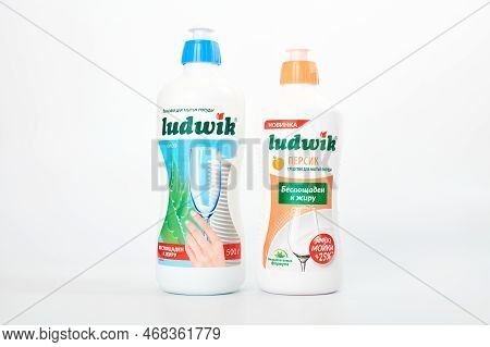 Kaliningrad, Russia - 09.11.2021 - Ludwik Dishwashing Liquid Soap Bottles Isolated On White Backgrou