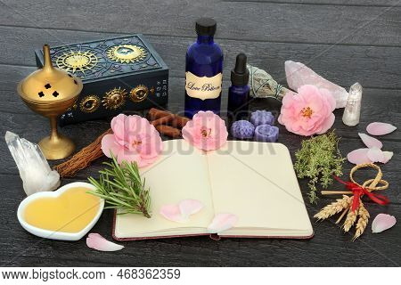 Love Potion Recipe Ingredients To Also Heal Fertility Problems. Magic Spell Notebook With Corn Dolly